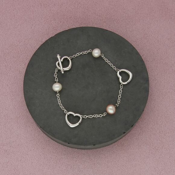 Sterling Jewelry - sterling silver pearl & heart station toggle bracelet size 7.5in